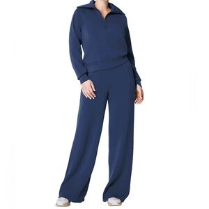 SPANX Air Essentials NWT set half-zip top wide-leg pant faded indigo blue small